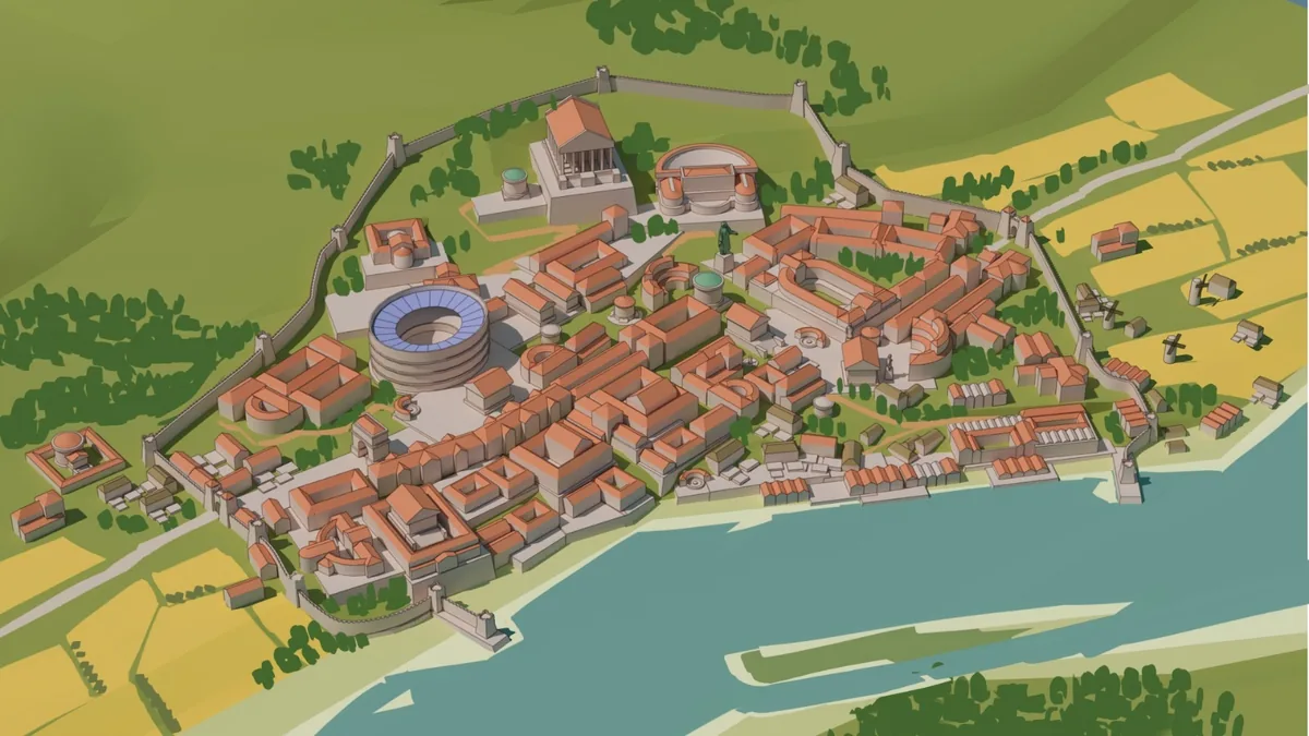 Plan d’une cité antique en bord de fleuve