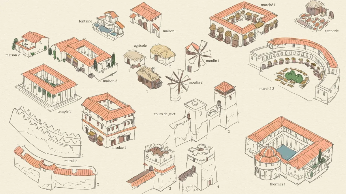 Bâtiments antiques, croquis