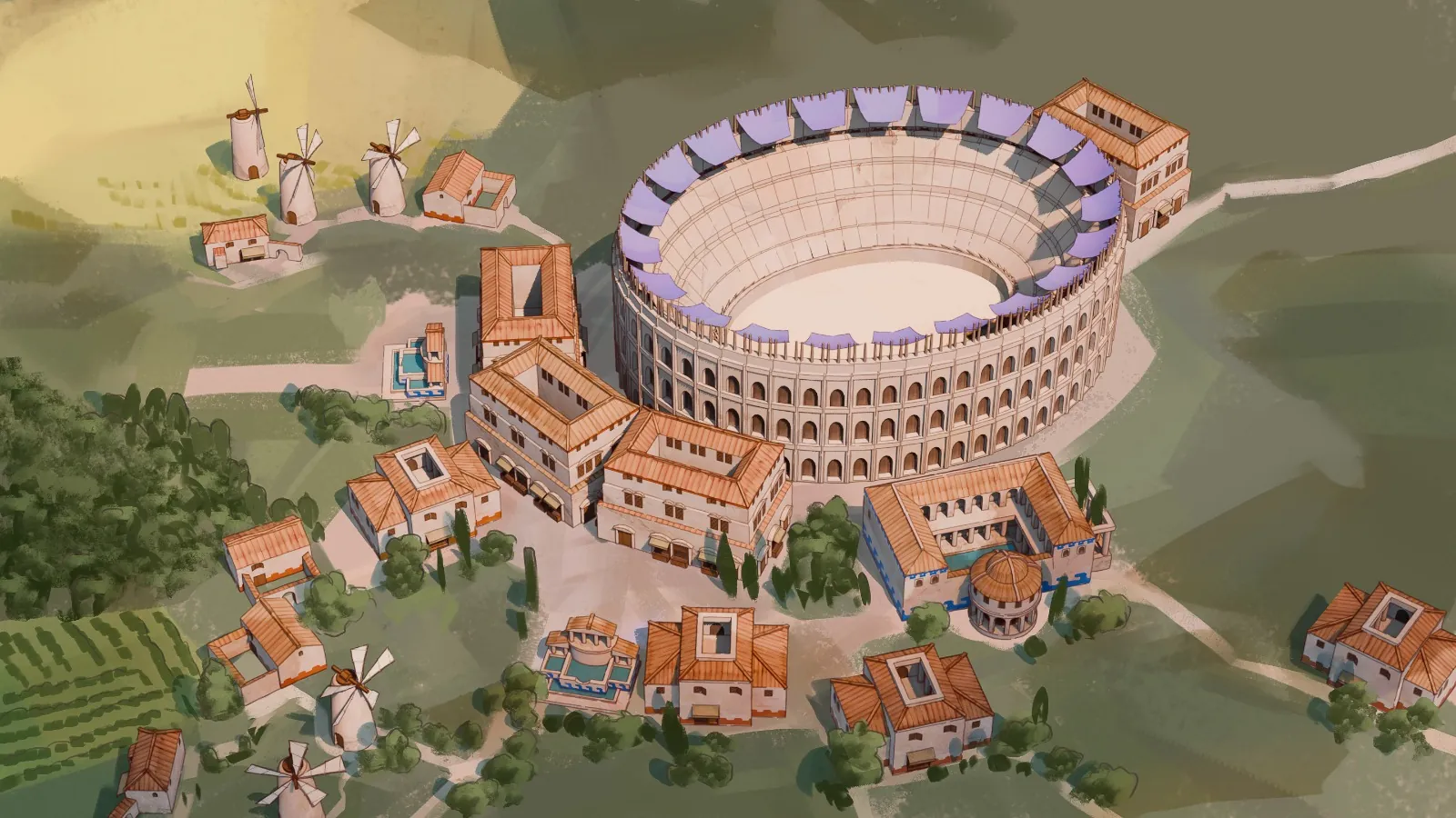 Une cité antique vue de haut : amphithéâtre, villas à atrium, moulins et vignes.